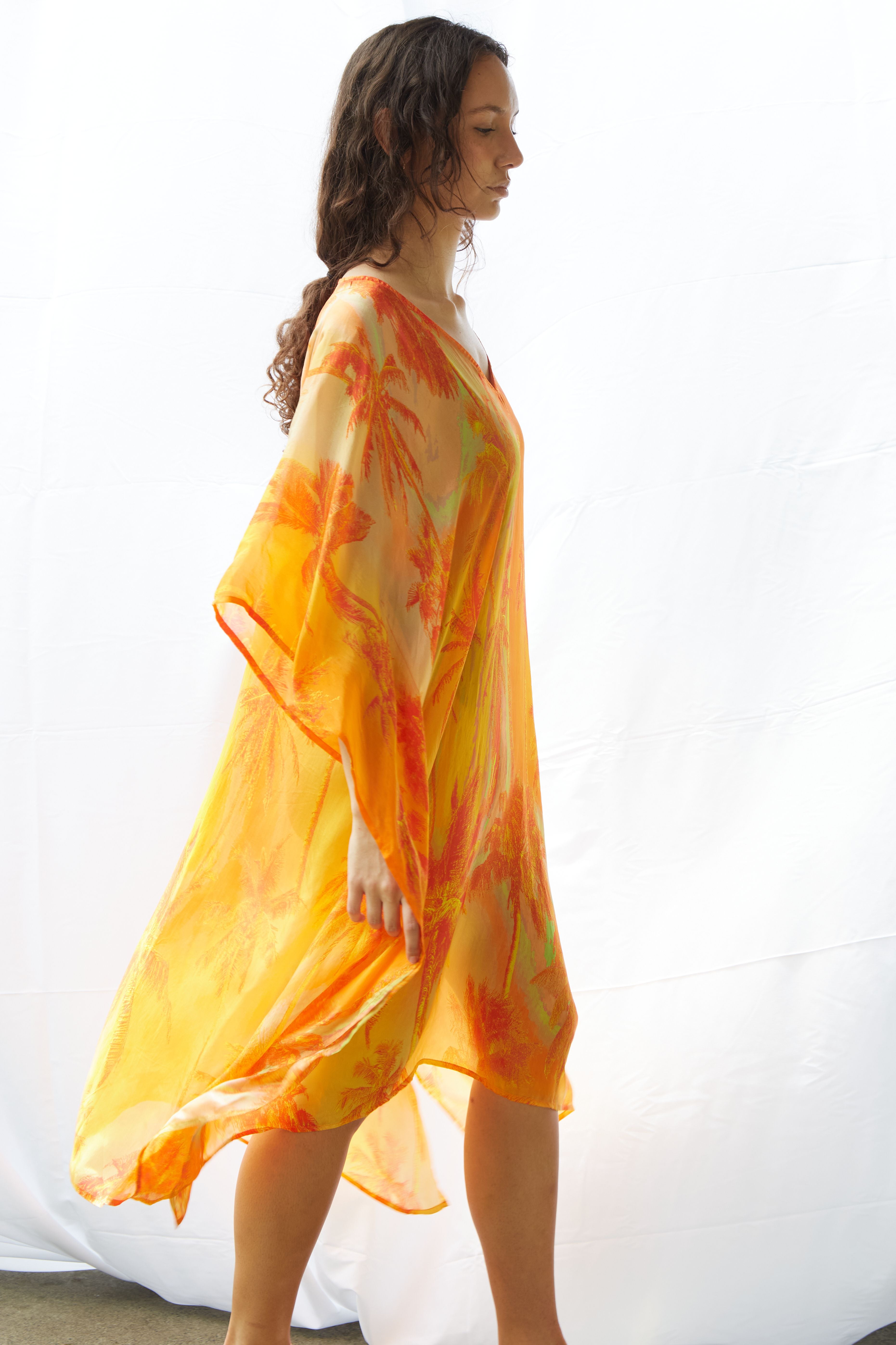 Palms Kaftan Pure Silk Bimini Dress Orange