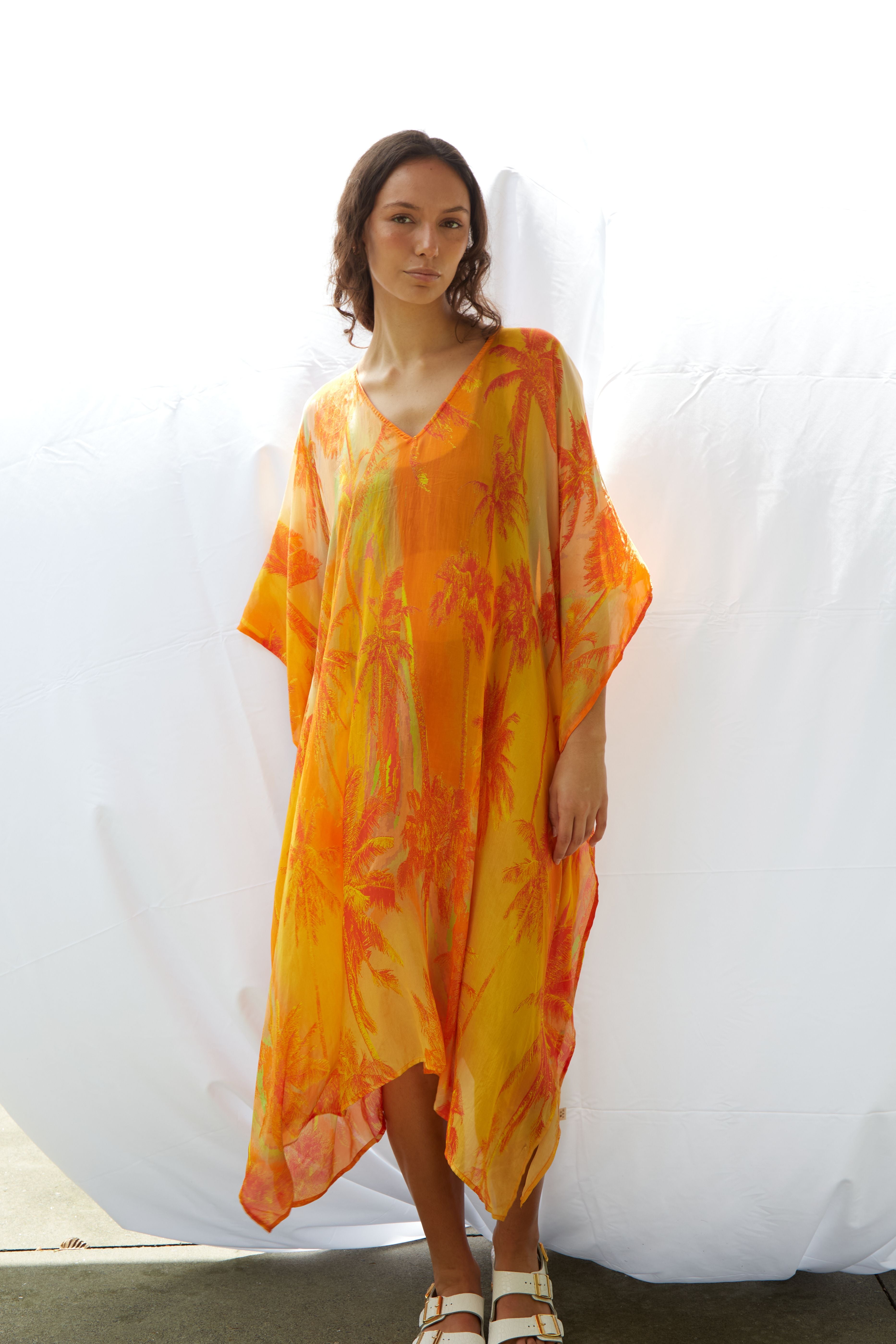 Palms Kaftan Pure Silk Bimini Dress Orange