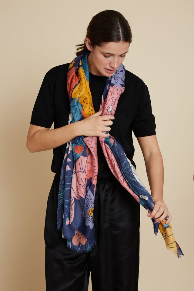 Sacre Peach Navy Floral Scarf