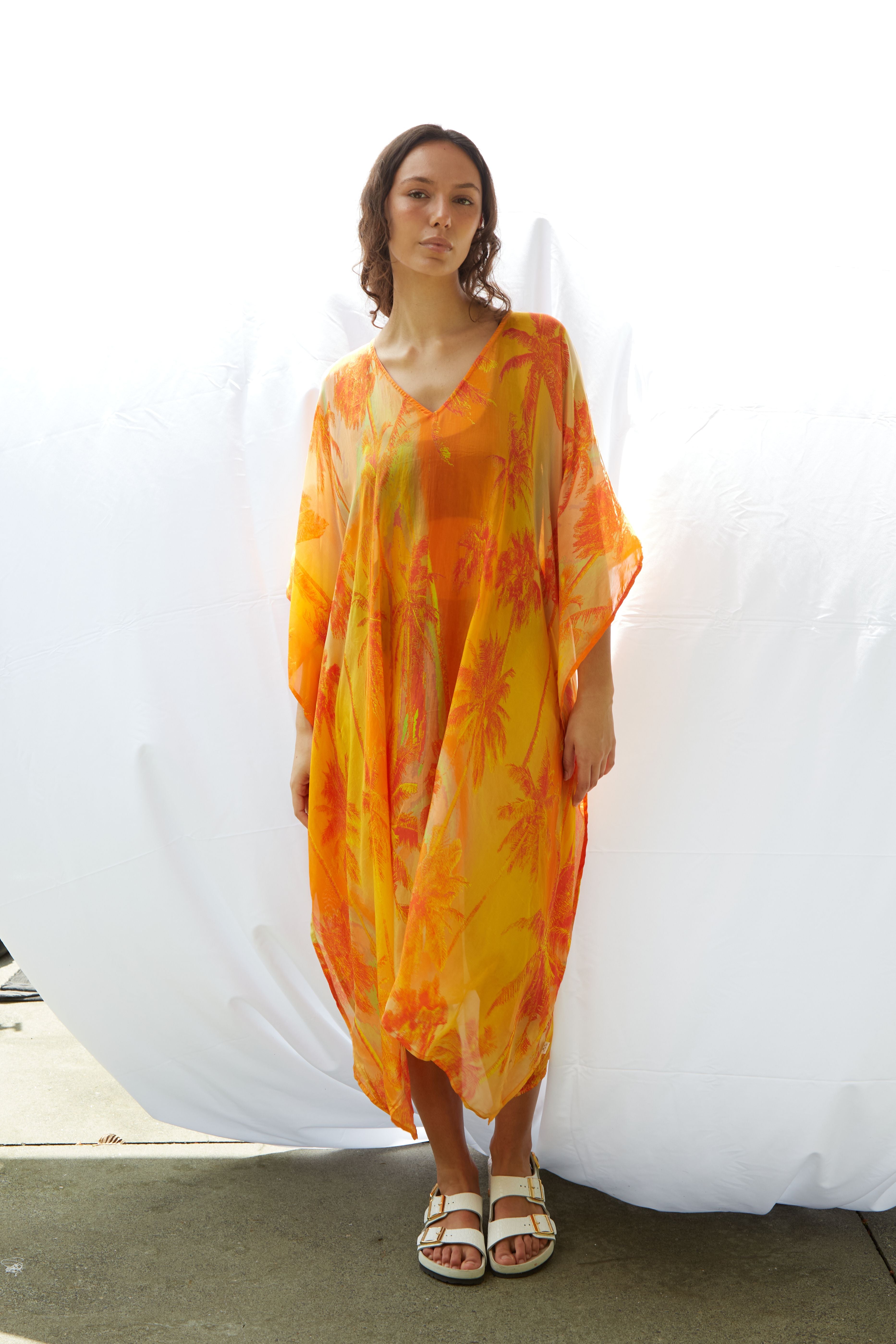 Palms Kaftan Pure Silk Bimini Dress Orange